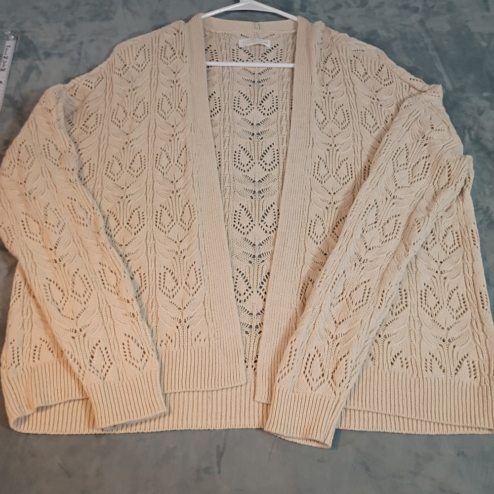LC Lauren Conrad Cream Pointelle Knit Open Front Cardigan Sweater Small